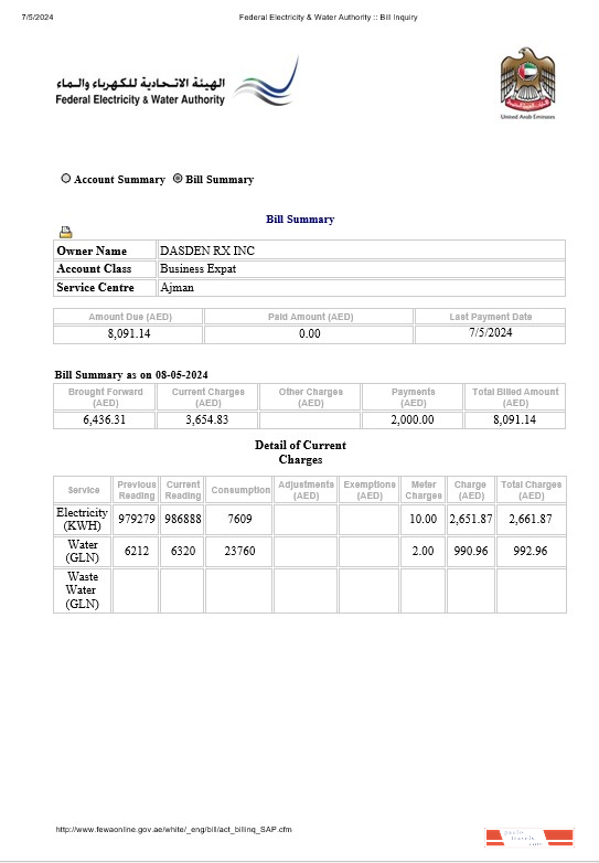 UAE Dubai Federal Electricity & Water Authority electricity, water business utility bill Word and PDF formats